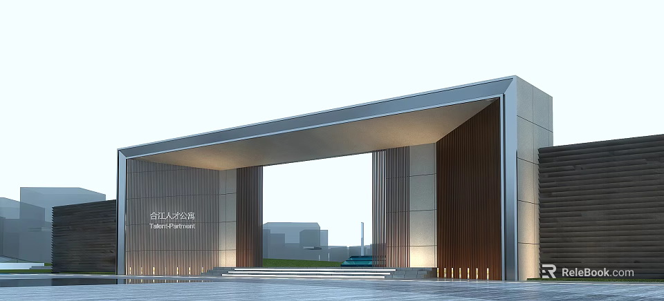 Modern Entrance Gate Design For Shantou University With Metal Wood Structure And Steps 3d model 