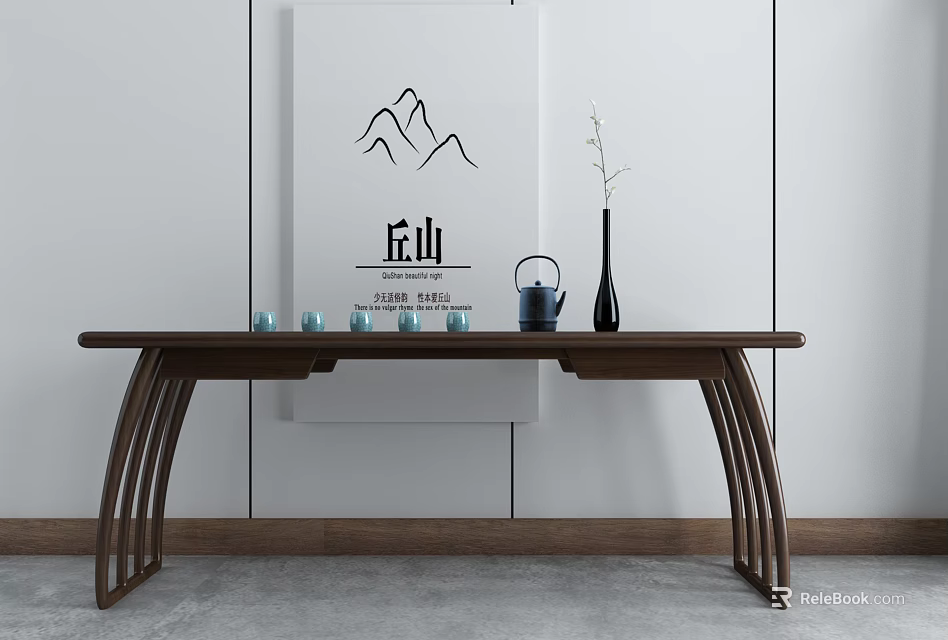 Chinese Minimalist Solid Wood Tea Table And Chairs With Tea Sets And Ceramic Vase Decoration 3d model 