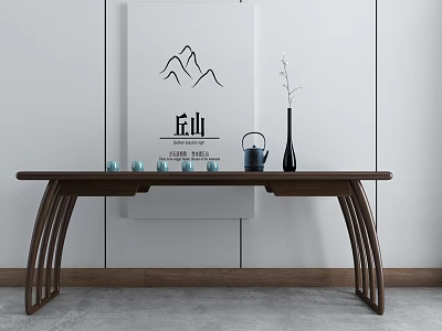 Chinese Minimalist Solid Wood Tea Table And Chairs With Tea Sets And Ceramic Vase Decoration 3d model