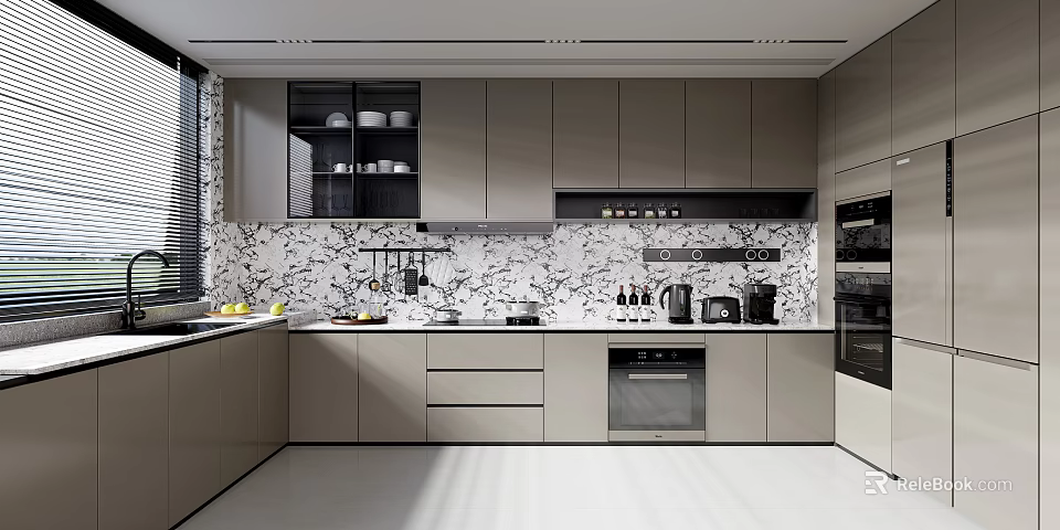 Modern Kitchen With Grey Cabinets Marble Backsplash Open Shelves Fruits On Windowsill And Appliances 3d model 