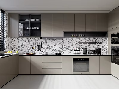 Modern Kitchen With Grey Cabinets Marble Backsplash Open Shelves Fruits On Windowsill And Appliances 3d model