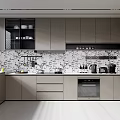 Modern Kitchen With Grey Cabinets Marble Backsplash Open Shelves Fruits On Windowsill And Appliances