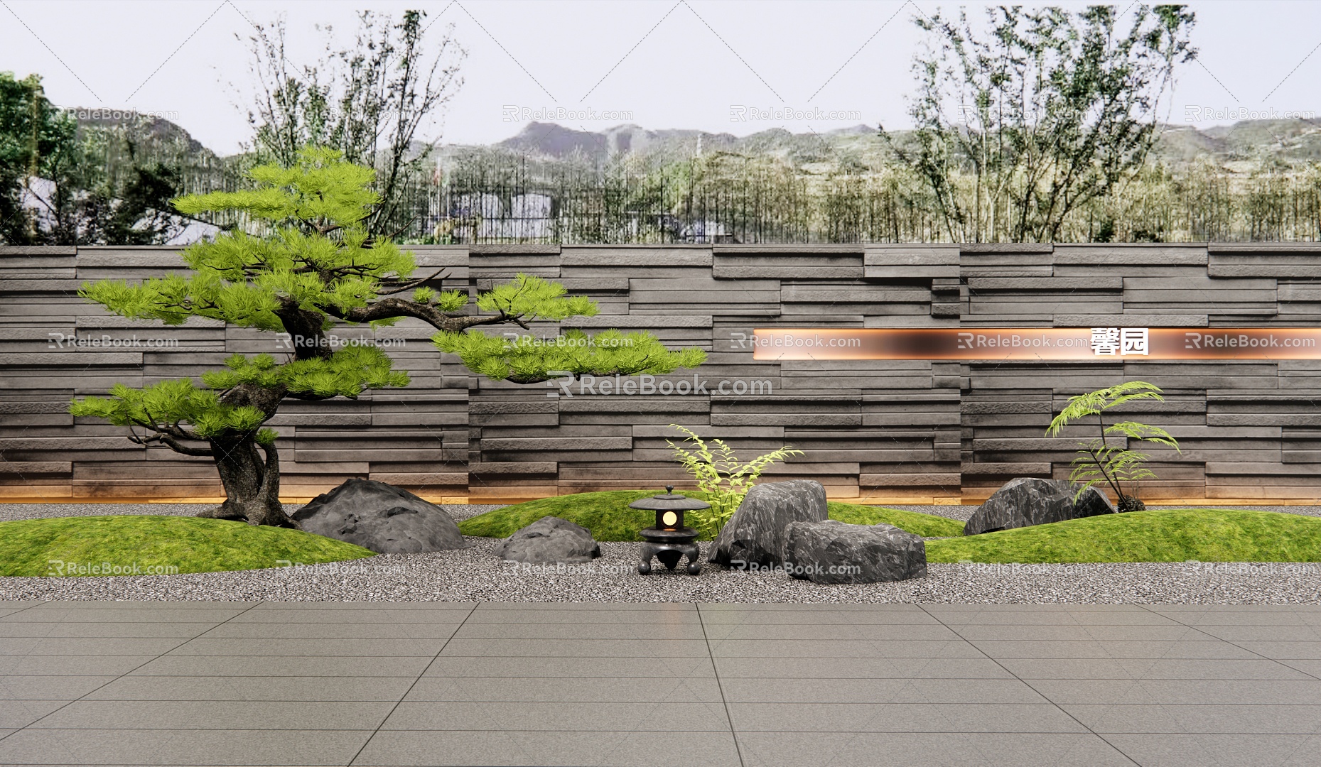 New Chinese Style Cultural Stone Landscape Wall Landscape Stone Set Stone Landscape Landscape Pine Tree Cultural Stone 3d model