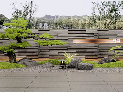 Natural Scenic Wall Design With Stone Panels Pine Tree Rocks And Greenery 3d model