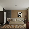 Modern Bedroom Interior Design With Neutral Bed Patterned Rug And Decorative Artwork 3d model