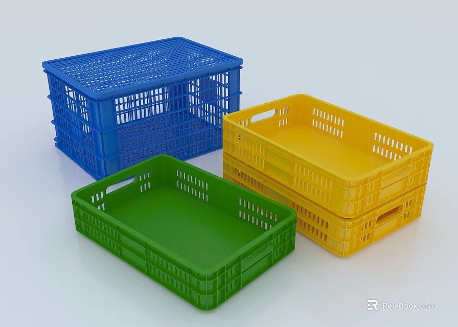 Colorful Plastic Storage Baskets Blue Green Yellow Perforated Design for Home Organizing 3d model 
