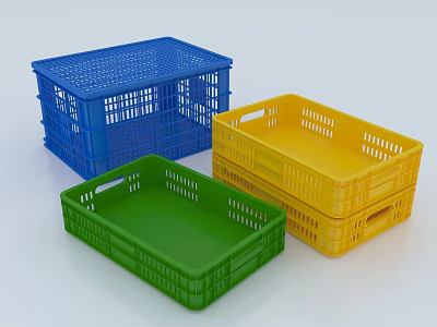 Colorful Plastic Storage Baskets Blue Green Yellow Perforated Design for Home Organizing 3d model