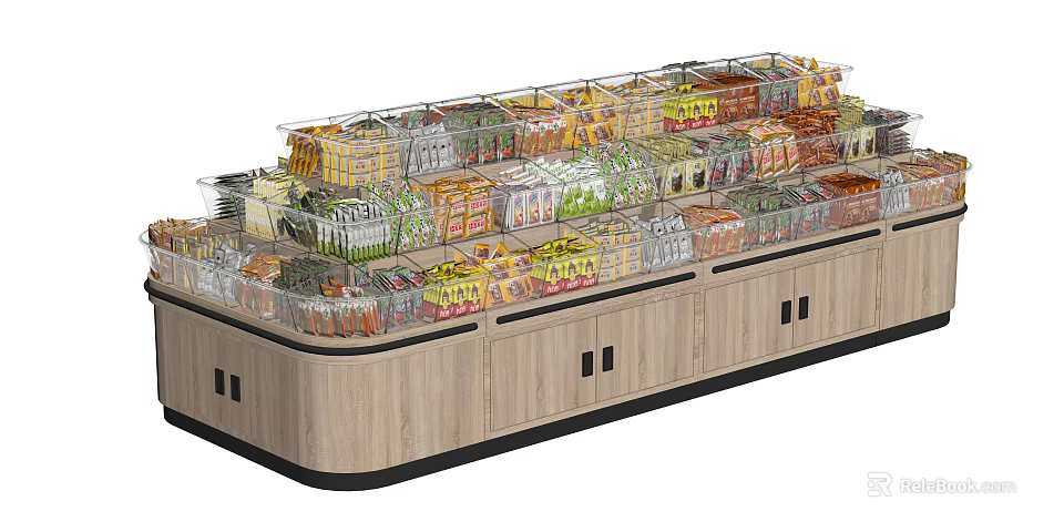 Wooden Display Shelves With Transparent Plastic Baskets For Snacks Multi Tier Design And Cabinets 3d model 