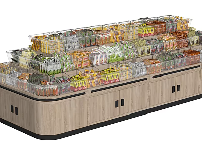 Wooden Display Shelves With Transparent Plastic Baskets For Snacks Multi Tier Design And Cabinets 3d model