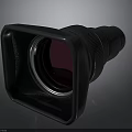 Professional Black Camera Lens Featuring Red Glass Square Hood And Reflective Surface