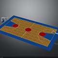 3D Rendered Basketball Court With Wooden Floor Blue Border White Lines Red Circles And Hoops