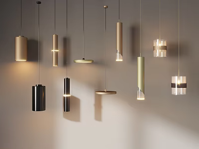 Contemporary Pendant Lighting Fixtures With Cylindrical Round And Striped Designs In Gold Black And White 3d model