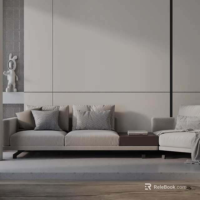 Light Gray Three Seater Sofa In Living Room With Decorative Pillows Side Table And Books 3d model 