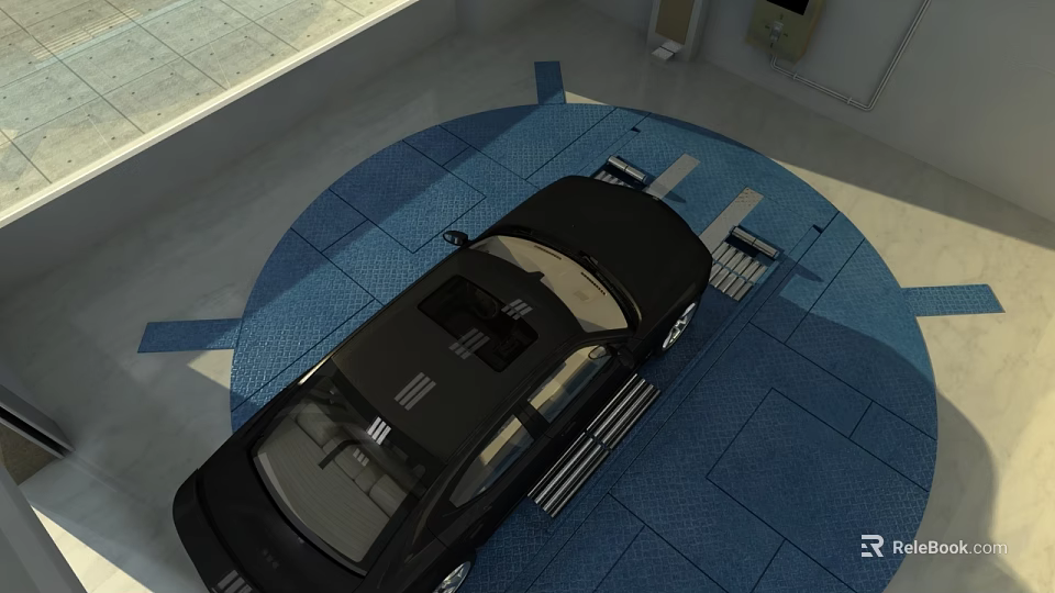 Black Car Parked On Blue Mat With Lines In Indoor Garage Area 3d model 