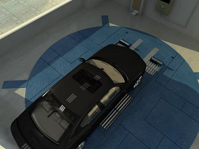 Black Car Parked On Blue Mat With Lines In Indoor Garage Area 3d model