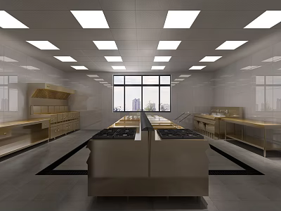 Commercial Restaurant Kitchen Interior Featuring Stainless Steel Equipment And Large Windows 3d model