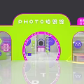Vibrant Green Pink Photo Studio In Shopping Mall With Arched Entrance And Quality