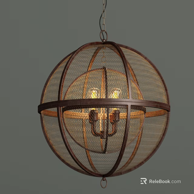 Vintage Spherical Chandelier With Metal Wire Mesh Frame And Warm Light Bulbs 3d model 