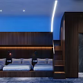 Gaming Themed Hotel Room With Computer Setup Ergonomic Gaming Chair Neon Lights And Blue Ambient Lighting