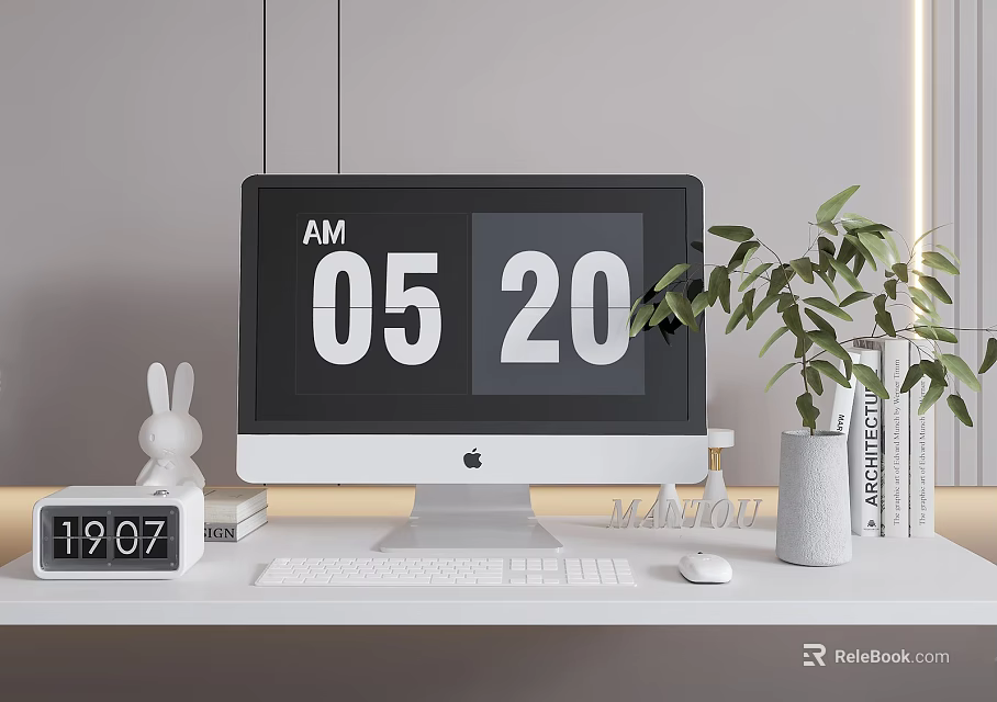 Minimalist Desk Setup With iMac White Keyboard Mouse Green Plant And Digital Clock 3d model 
