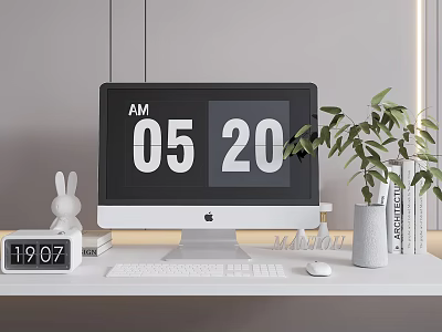 Minimalist Desk Setup With iMac White Keyboard Mouse Green Plant And Digital Clock 3d model
