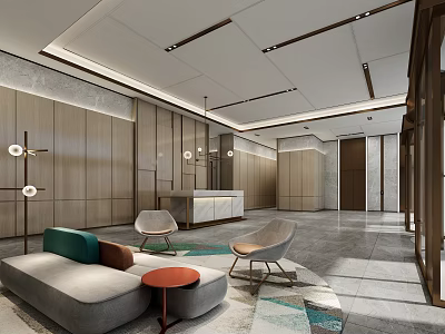 Modern Hotel Lobby Interior Design With Reception Desk Sofa Seats And Area Rug 3d model