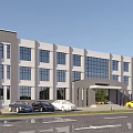 Modern Multi Storey Office Building With Large Glass Windows Main Entrance And Parking Area