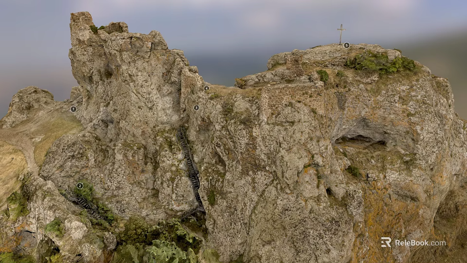 Scenic Garden Landscape Featuring Rocky Cliff Mountain Top Cross And Natural Vegetation 3d model 