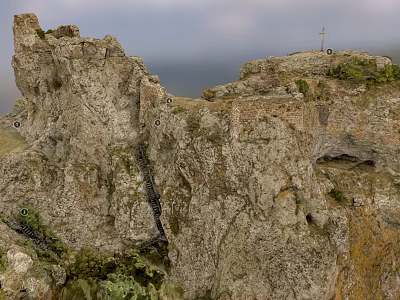 Scenic Garden Landscape Featuring Rocky Cliff Mountain Top Cross And Natural Vegetation 3d model