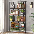Wooden and Metal Shelving Unit Displaying Various Potted Plants and Decorative Items in Living Room
