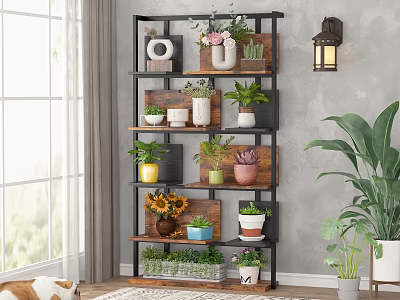 Wooden and Metal Shelving Unit Displaying Various Potted Plants and Decorative Items in Living Room 3d model