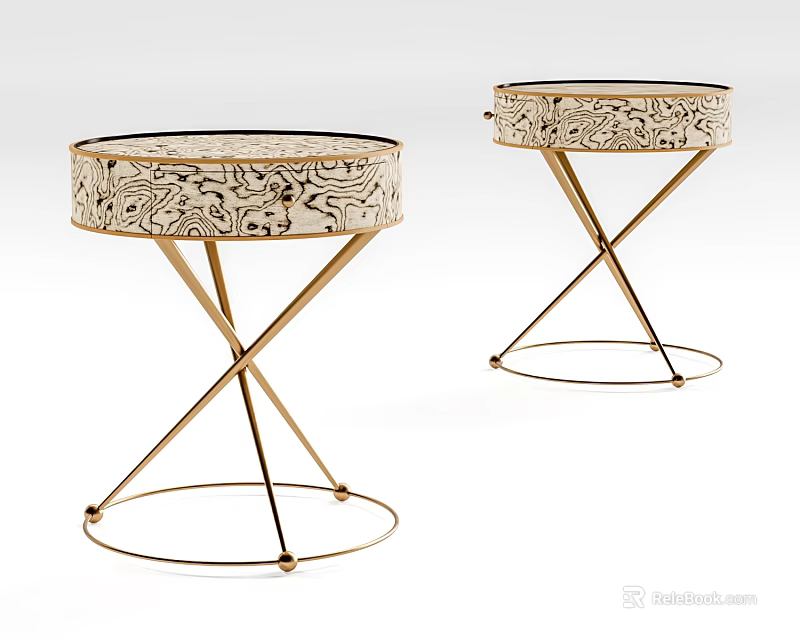 Elegant Round Side Table With Intricate Pattern And Golden X Shaped Legs 3d model 