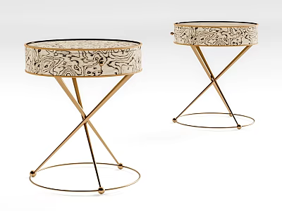 Elegant Round Side Table With Intricate Pattern And Golden X Shaped Legs 3d model