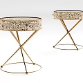 Elegant Round Side Table With Intricate Pattern And Golden X Shaped Legs 3d model