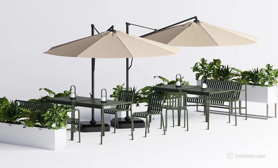 Outdoor Garden Table and Chair Set With Beige Umbrellas And Green Plants 3d model 