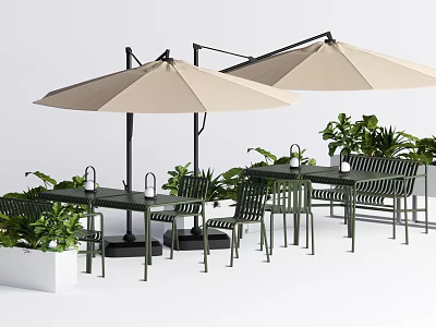 Outdoor Garden Table and Chair Set With Beige Umbrellas And Green Plants 3d model