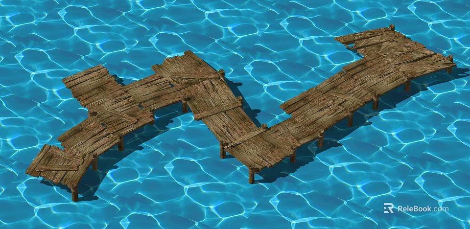 Natural Wooden Bridge Built With Planks Over Blue Rippled Water 3d model 