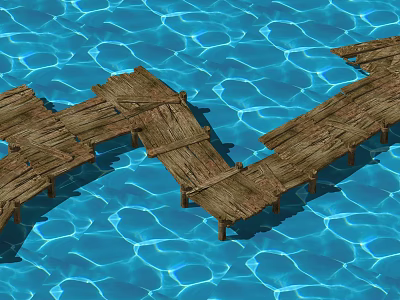 Natural Wooden Bridge Built With Planks Over Blue Rippled Water 3d model