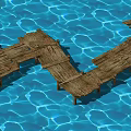 Natural Wooden Bridge Built With Planks Over Blue Rippled Water