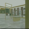 Tobacco and Liquor Store Interior with Golden Display Shelves Wine Tea Products and Marble Counter