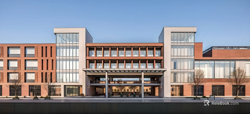 Modern School Building Design With Red Brick Exterior And Large Glass Windows 3d model 