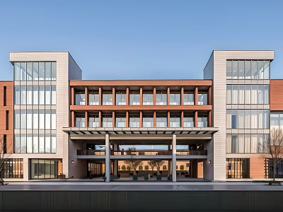 Modern School Building Design With Red Brick Exterior And Large Glass Windows 3d model