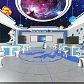 School Modern Science Lab Interior With Starry Sky Ceiling Planet Models Blue Circular Floor And Robot 3d model