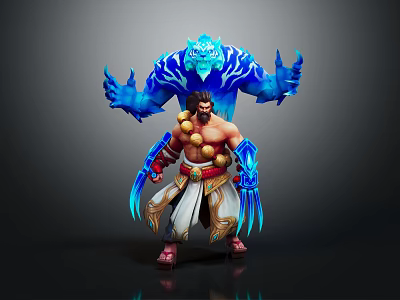 Muscular Fantasy Warrior With Beaded Necklace And Blue Demonic Creature Glowing Runes 3d model