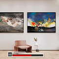 Abstract Paintings Hanging On Wall In Modern Interior With Brown Chair Table And Green Plant