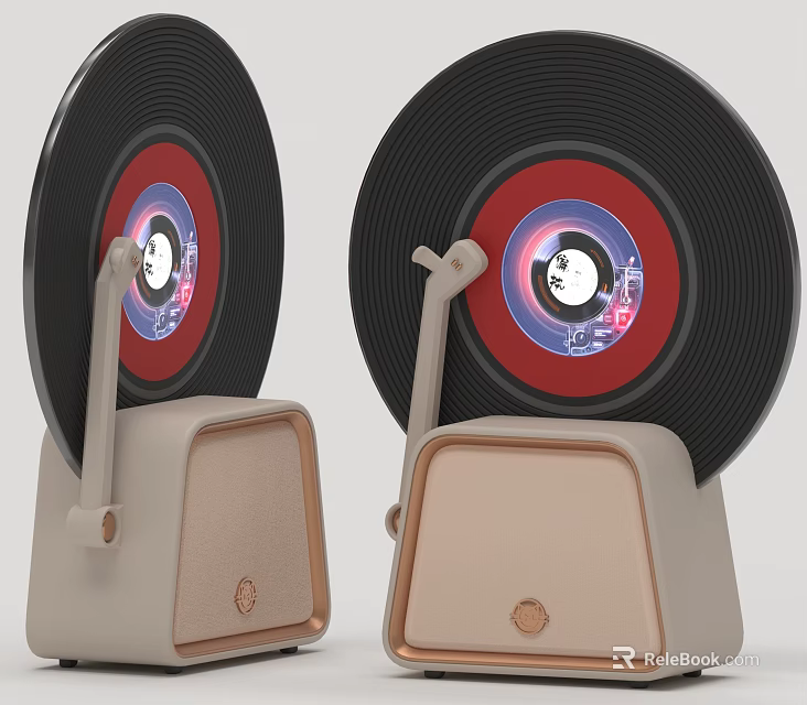 Vintage Vinyl Record Design Audio Speakers With Beige Base And Tonearm Like Structure 3d model 