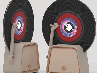Vintage Vinyl Record Design Audio Speakers With Beige Base And Tonearm Like Structure 3d model