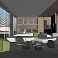 Modern Sales Office Interior Design With Comfortable Sofa Green Plants And Recessed Lighting