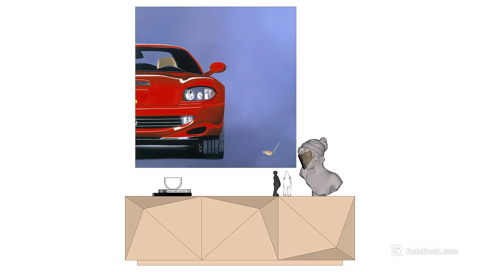 Decorative Console Table With Red Sports Car Poster Dog Sculpture Cat Figurine And Cup 3d model 