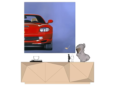 Decorative Console Table With Red Sports Car Poster Dog Sculpture Cat Figurine And Cup 3d model